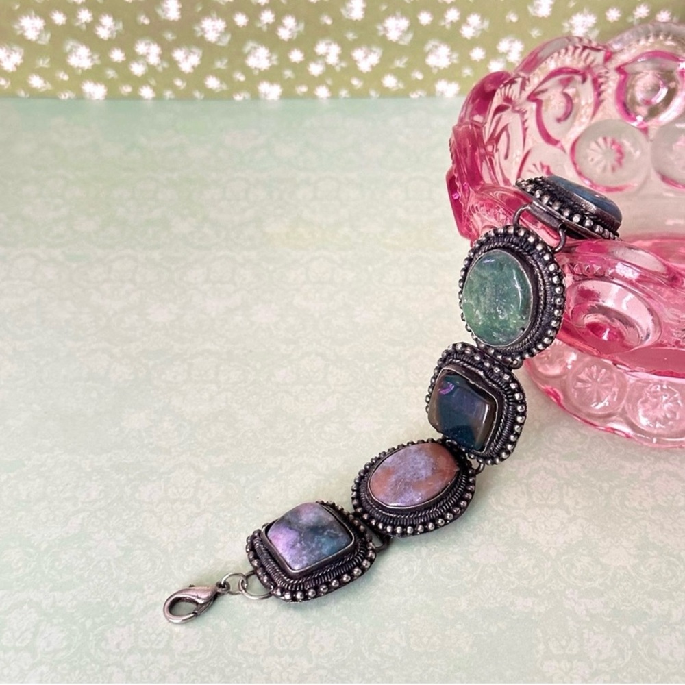 Vintage Silver and Multicolor Stone Bracelet - Picture 2 of 11